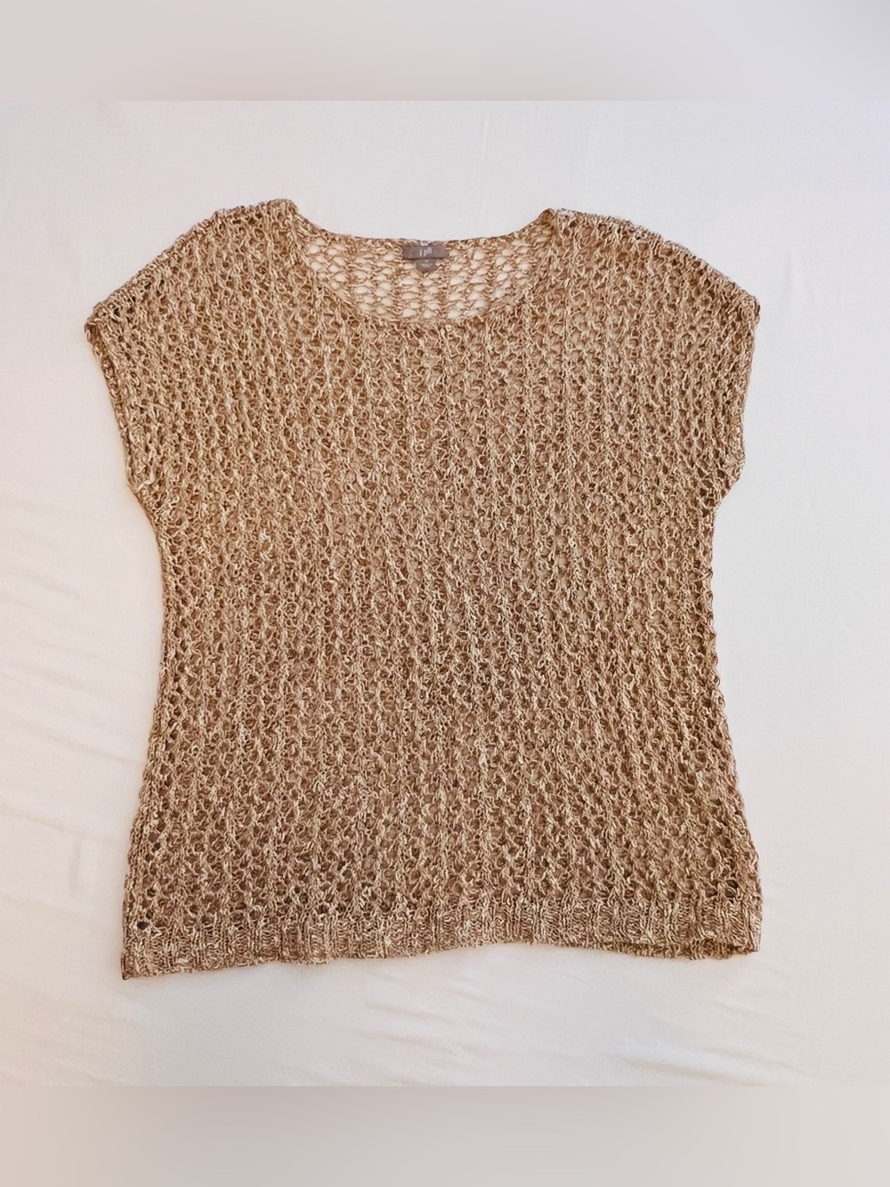J Jill Boho Drape Open-Knit Lightweight Linen Blend Scoop Neck Top in Tan Medium